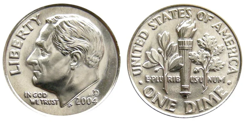 2004-D Roosevelt dime obverse and reverse showing mint mark location and overall coin design
