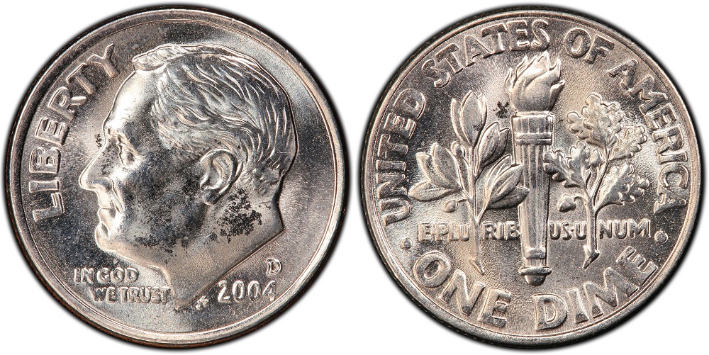 Side-by-side comparison of normal 2004-D Roosevelt dime ear vs the FS-101 Doubled Ear variety showing the doubling visible under magnification