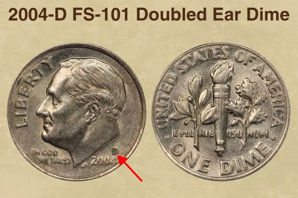 2004-D Roosevelt dime FS-101 Doubled Ear variety close-up showing the hub doubling visible on Roosevelt's ear under magnification