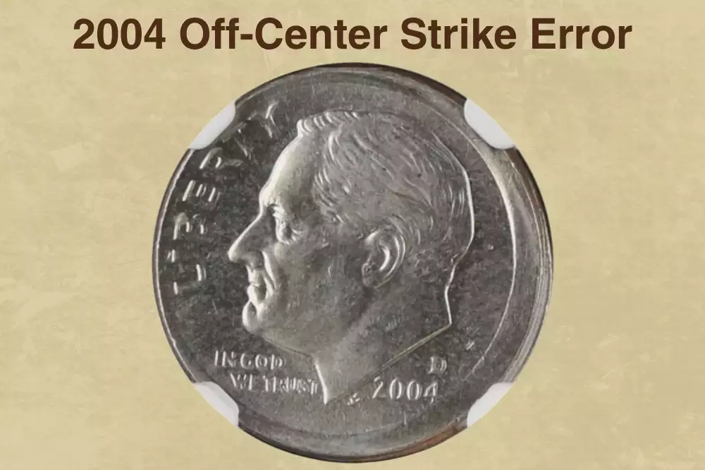 2004-P Roosevelt dime off-center strike error showing the design shifted from center with a blank crescent on one side