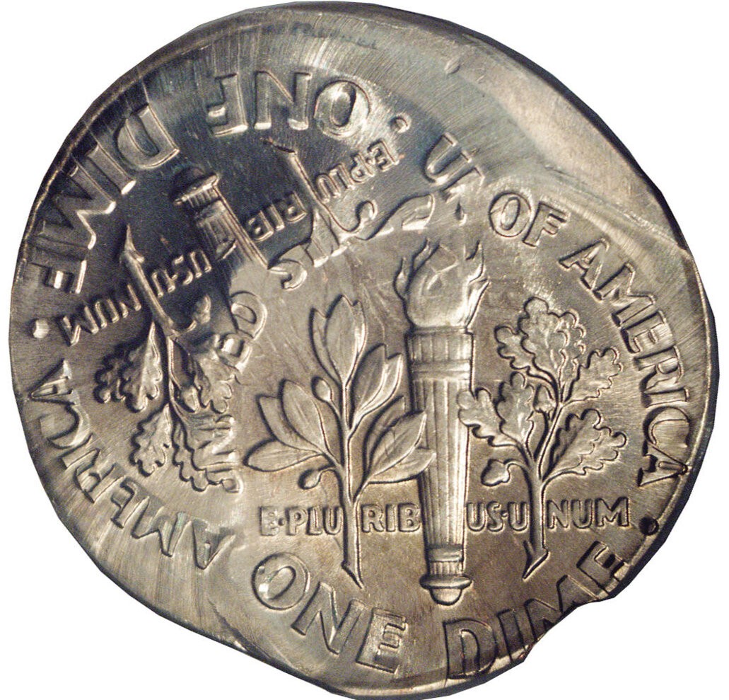2004-P Roosevelt dime double strike error showing Roosevelt's portrait struck twice at different positions creating a dramatic doubling across the entire coin
