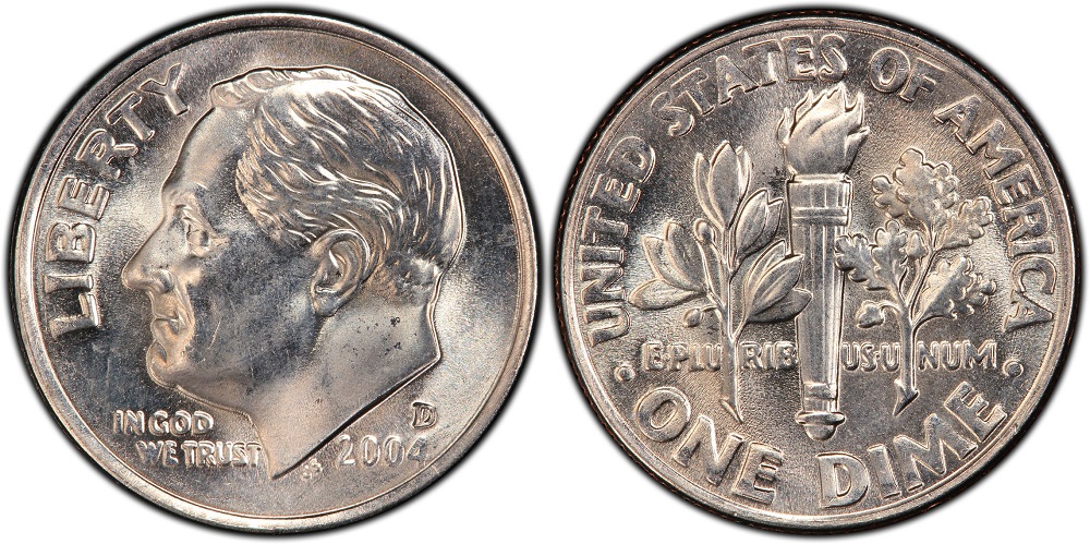 2004 Roosevelt dime grading strip showing four examples from worn Good condition through Gem Mint State to illustrate key differences in detail and luster